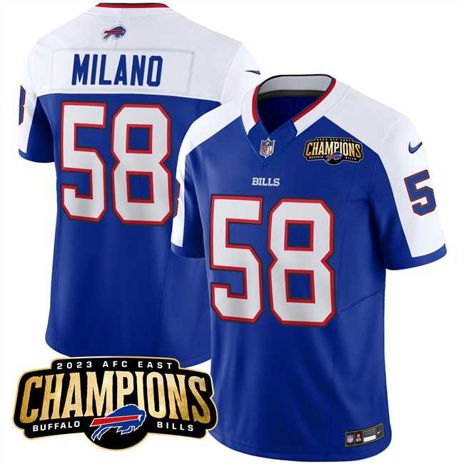 Men & Women & Youth Buffalo Bills #58 Matt Milano Blue White 2023 F.U.S.E. AFC East Champions With 4-star C Ptach Stitched Jersey
